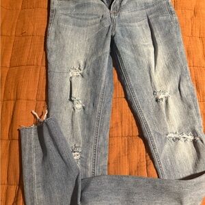 Express Light Blue Distressed Straight Leg Jeans